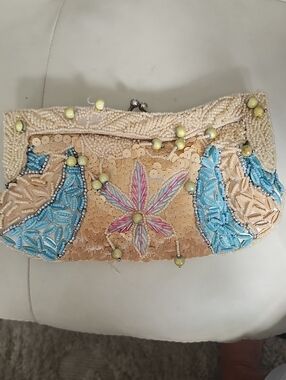 Beaded Sequin Floral Clutch Bag in Cream and Blue